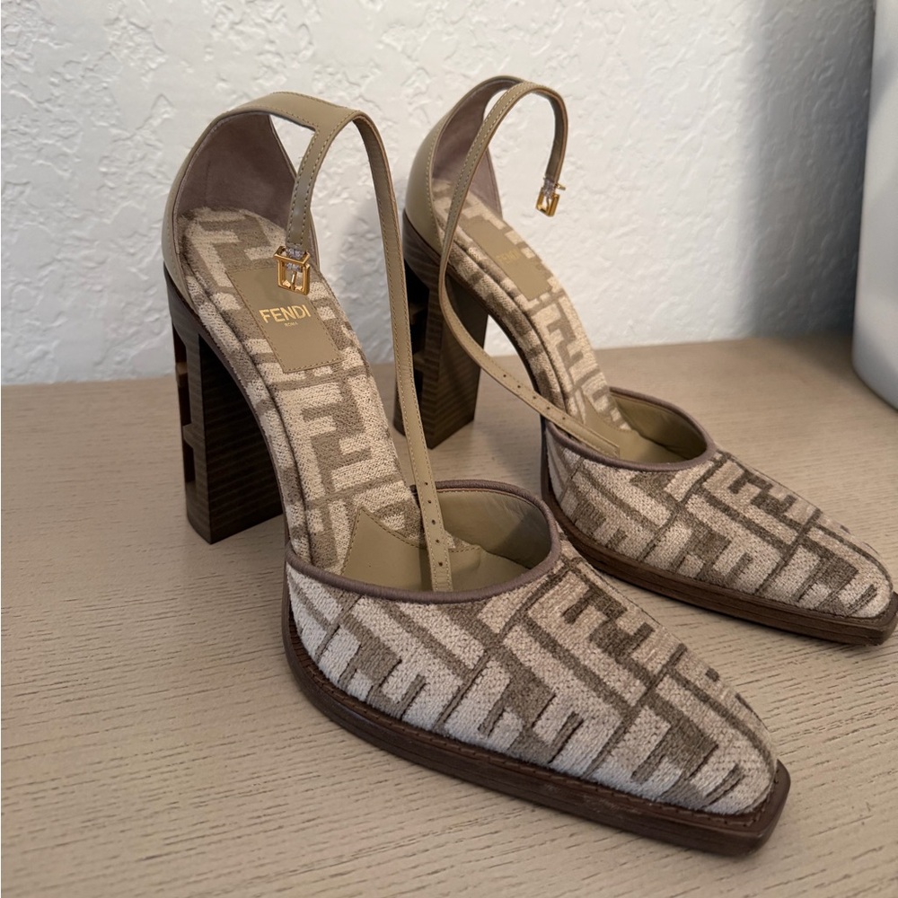 Fendi Beige FF Canvas Ankle-Strap Block Heel Pumps